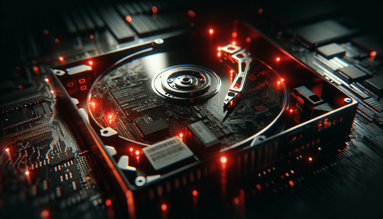 Computer hard drive with red warning lights in dark server room environment