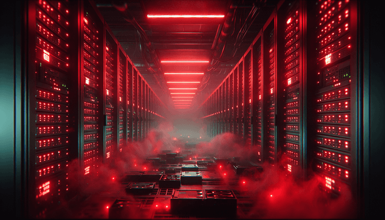 Server room with red emergency lighting and damaged hard drives indicating data destruction