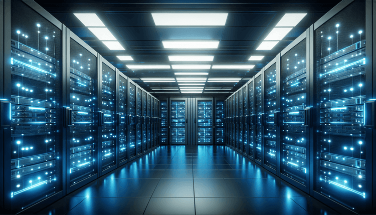 Server room with backup storage systems and security monitoring displays