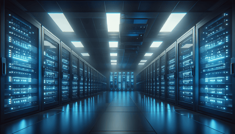 Modern data center backup infrastructure with server racks