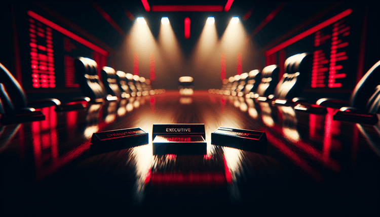 Corporate boardroom table with executive nameplates under dramatic red lighting