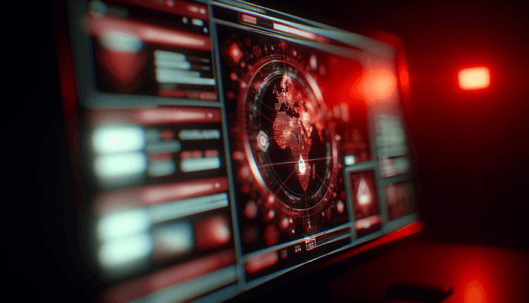 Dark computer screen showing cybercriminal marketplace interface with red warning lighting