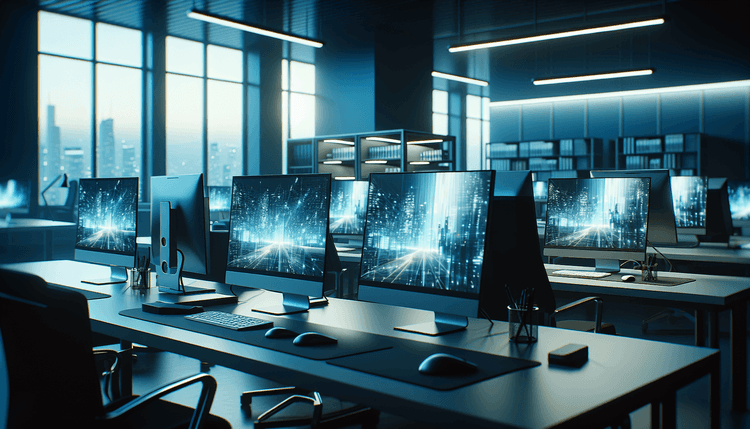 IT workspace with Windows 10 computers receiving security updates