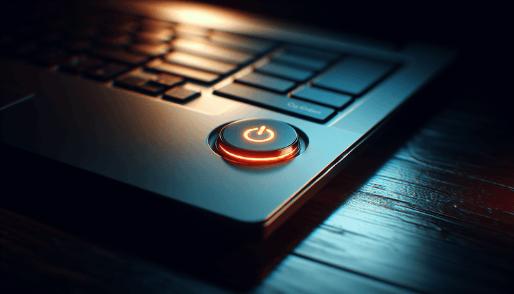 Laptop power button glowing orange on dark desk with dramatic lighting