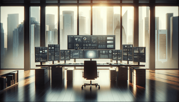 Modern office workspace with Windows 11 displayed on multiple monitors