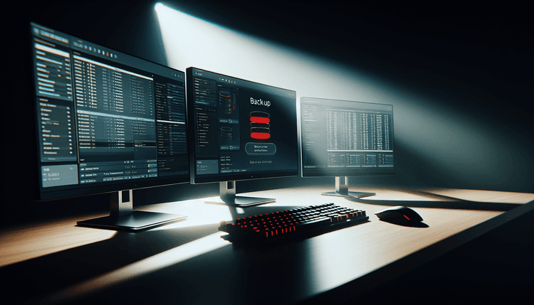 Office computer setup showing Windows 11 backup software error messages on monitor