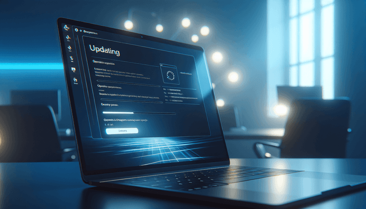 Laptop screen showing Windows 11 update settings interface with blue lighting