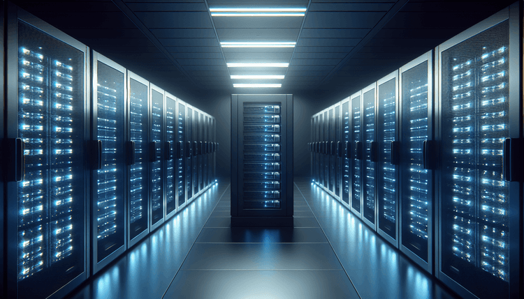 Modern server room with blue LED lighting and organized server racks