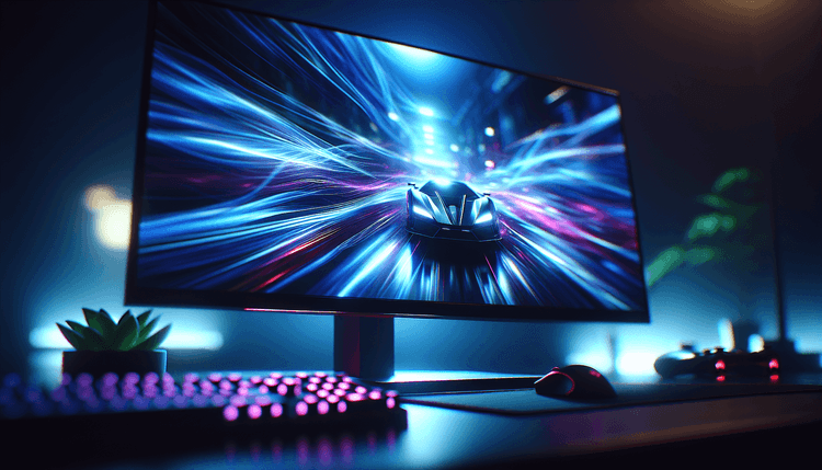 High-refresh gaming monitor with smooth motion effects and dramatic lighting