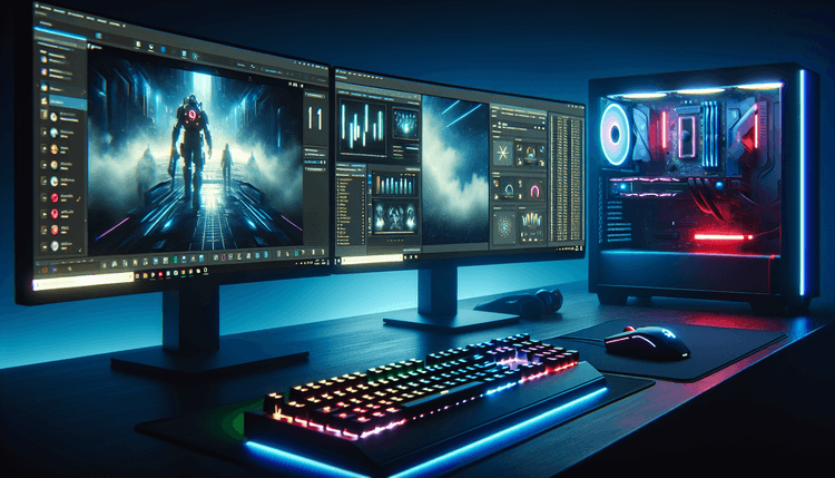 Modern gaming computer setup with Windows 11 desktop and Xbox interface