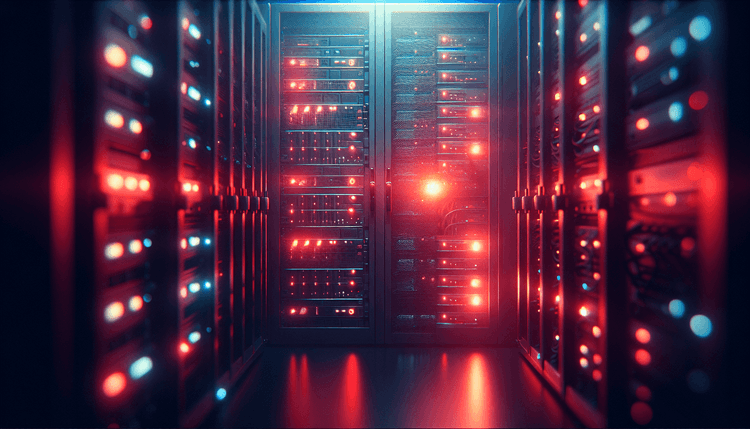 Server room with red emergency lighting and error status indicators on equipment