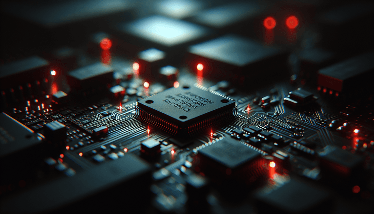 Circuit board with illuminated security chips showing cryptographic vulnerability warning