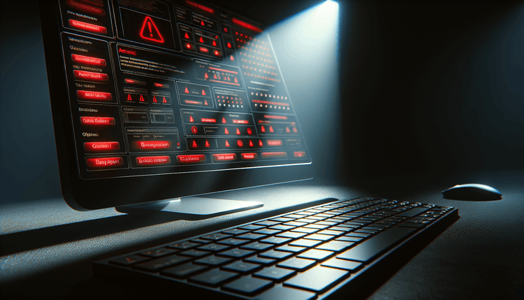 Computer screen showing WordPress security warnings with dramatic lighting