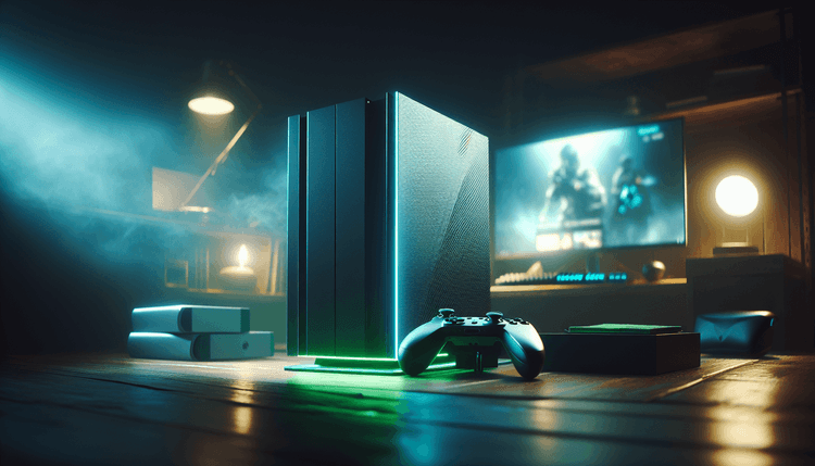 Xbox Series X console with controller in atmospheric gaming setup