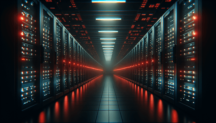 Dark server room with red warning lights illuminating network equipment racks