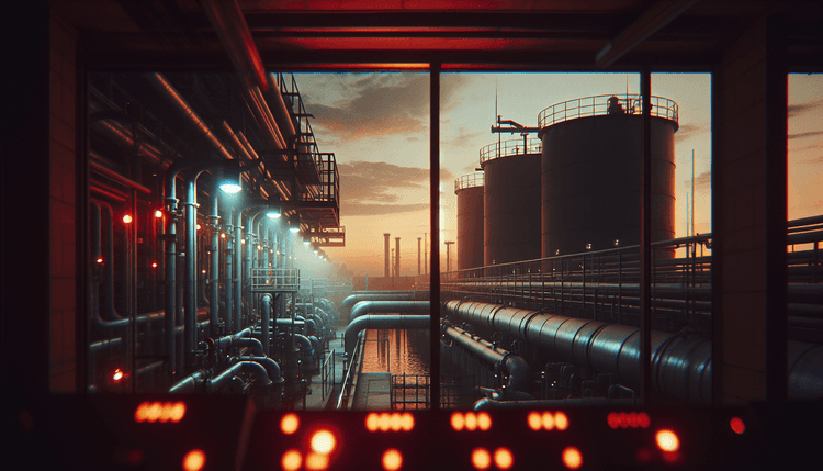 Water treatment facility with industrial infrastructure and control systems at dusk