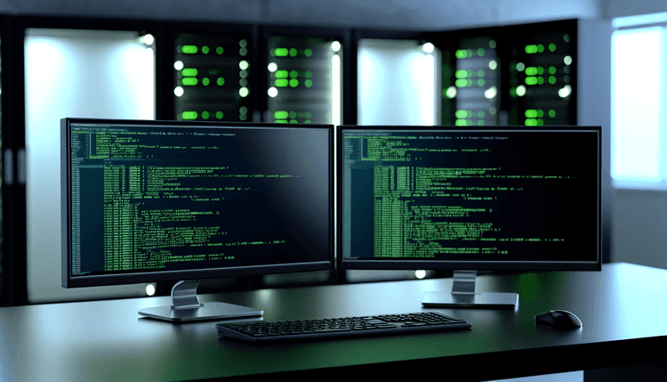 IT administrator workspace with PowerShell Active Directory import scripts on monitors