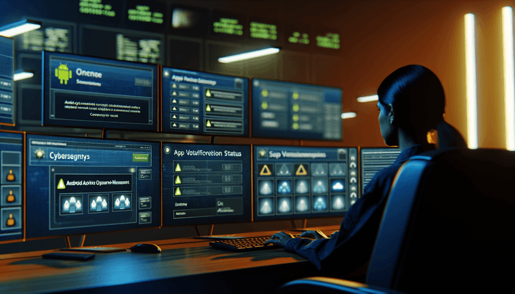 Cybersecurity analyst monitoring Android app verification and malware protection systems