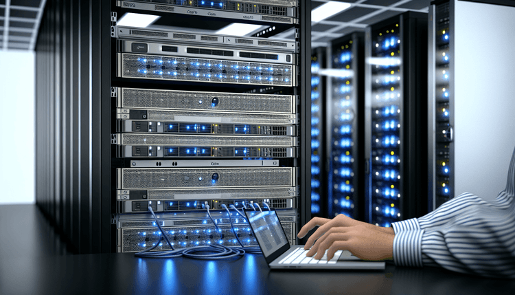 Enterprise server room showing Windows Server 2025 Hyper-V cluster configuration setup