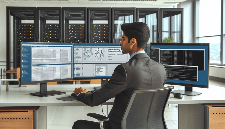 IT administrator configuring Group Policy desktop shortcuts on multiple monitors