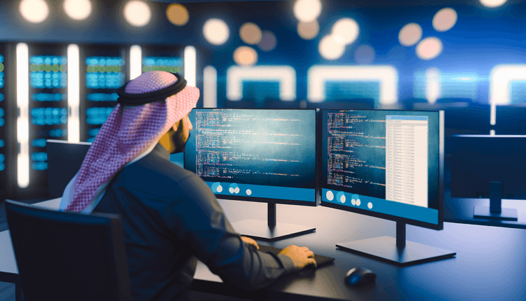 IT administrator configuring dynamic Microsoft Teams with PowerShell commands on multiple monitors