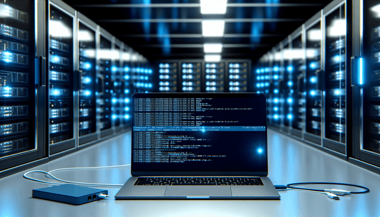 Server room with laptop showing Docker deployment interface