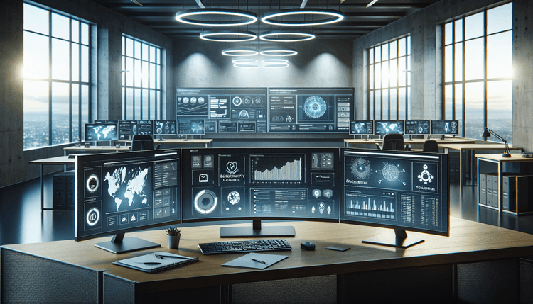 Enterprise workspace with Microsoft 365 Copilot deployment and security monitoring dashboards