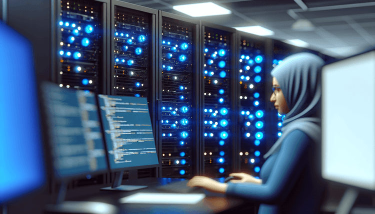 Windows Server administrator monitoring security logs and PowerShell scripts in data center