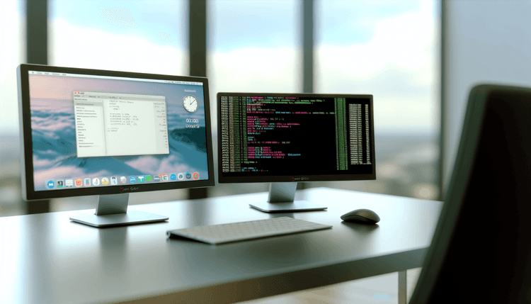 IT administrator configuring Microsoft Teams Premium settings on dual monitors