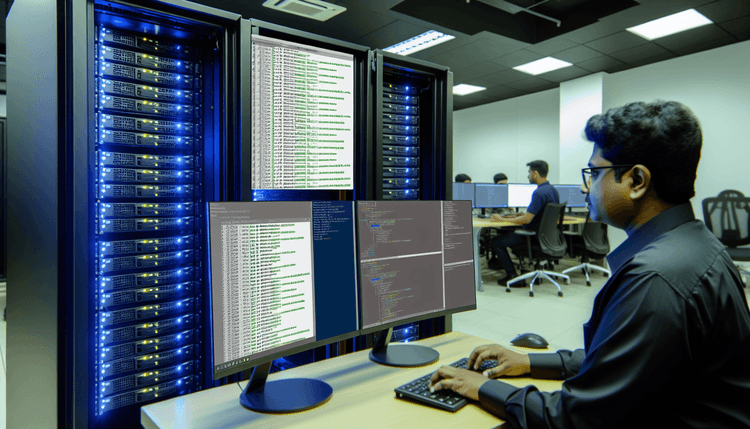 System administrator managing Windows Server security settings in professional server room environment
