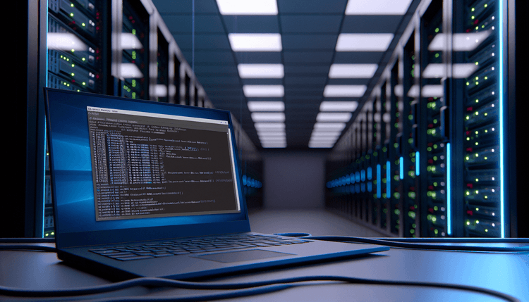 Windows Server rack with PowerShell RDP configuration on laptop screen