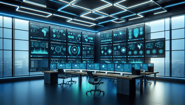 Cybersecurity operations center with endpoint security monitoring dashboards and threat detection interfaces