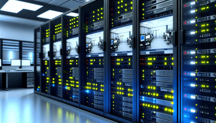 Enterprise server room with Office 365 deployment monitoring screens