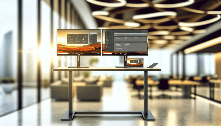 IT administrator workspace with Intune and Dell Management Portal displayed on dual monitors