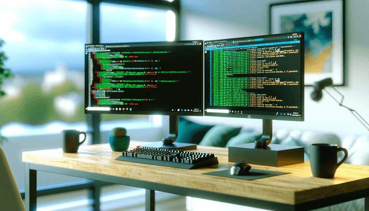IT administrator workspace with PowerShell scripts for Exchange migration