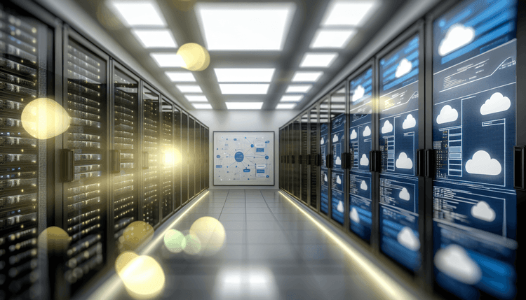 Enterprise server room showing transition from on-premises to cloud infrastructure