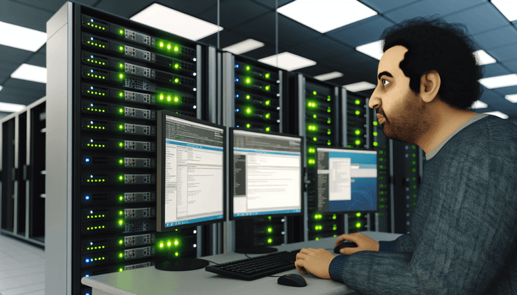 System administrator monitoring Active Directory health with PowerShell scripts in server room