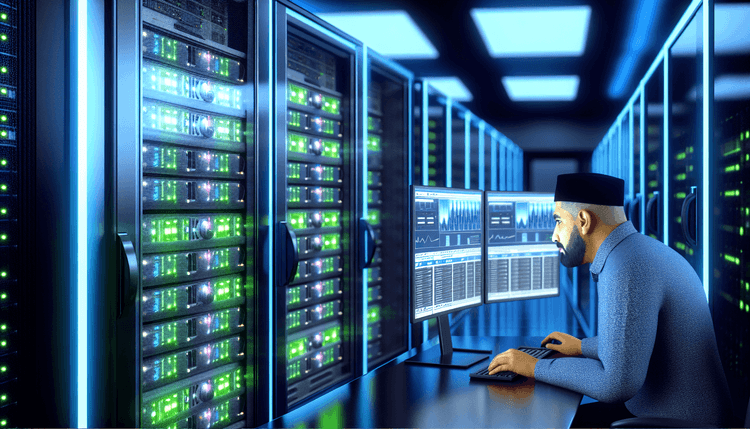Modern server room with performance monitoring workstation and rack servers