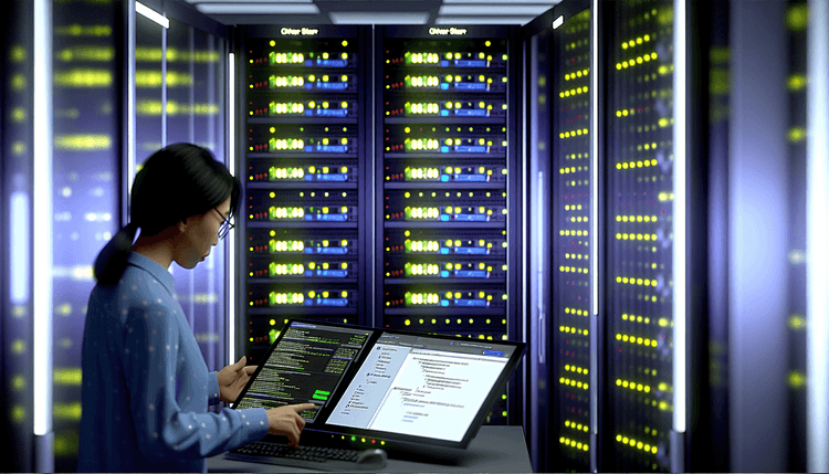Server room with administrator performing Windows Server 2025 upgrade process
