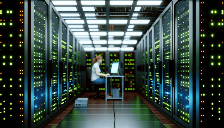 Exchange server rack in professional data center with administrator workstation