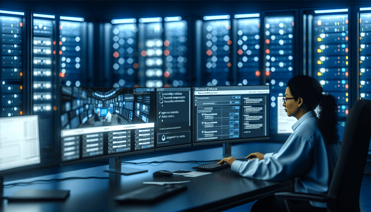 Cybersecurity analyst reviewing Microsoft Intune security dashboards and approval workflows