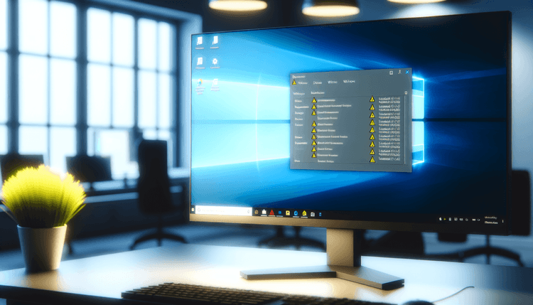 Windows Device Manager showing hardware devices with driver warning indicators on a professional workstation monitor