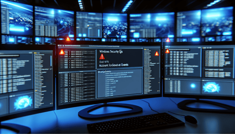 Windows Event Viewer displaying security event logs with account lockout monitoring on a cybersecurity dashboard