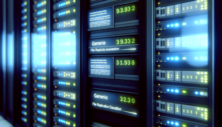 Windows server monitoring displays showing file replication status in a professional data center environment