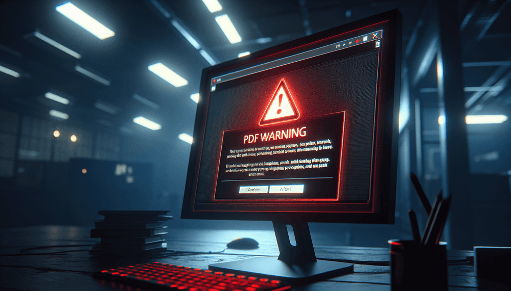 Computer screen showing PDF security warning dialog with red alert notification