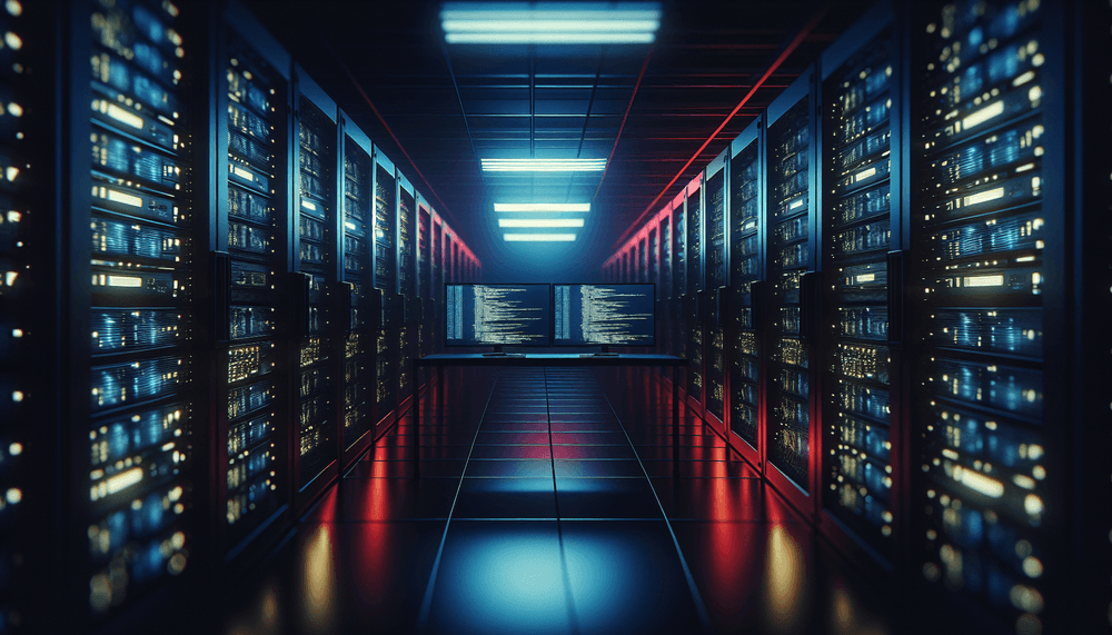Dark server room with glowing equipment and computer screen displaying code