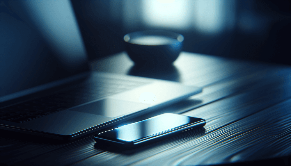 iPhone and MacBook displaying software update screens in ambient lighting