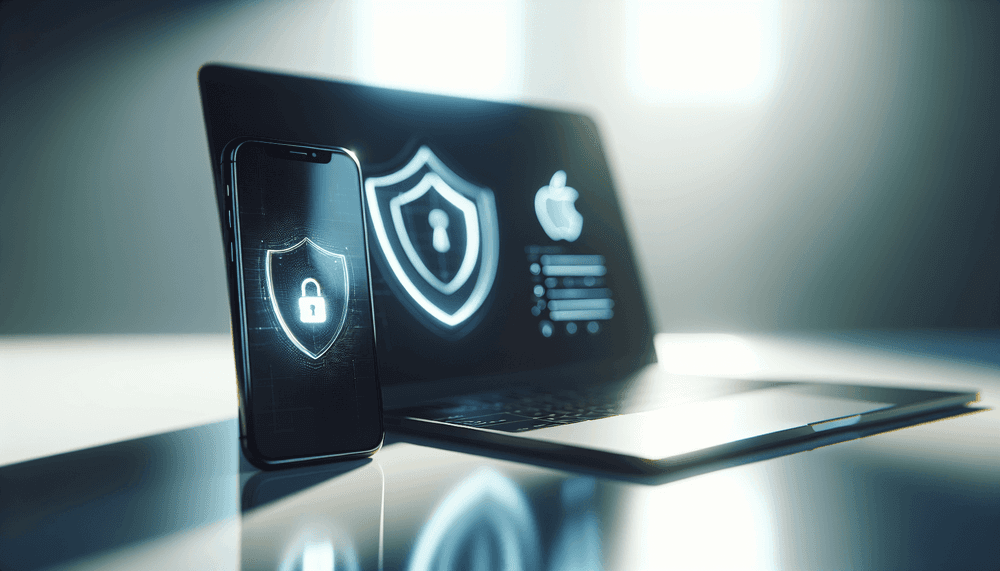 iPhone and MacBook displaying security update notifications on clean workspace