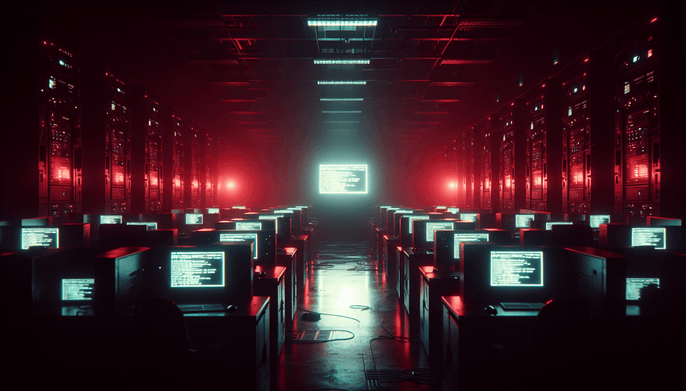 Dark computer lab with error messages on monitors and red emergency lighting