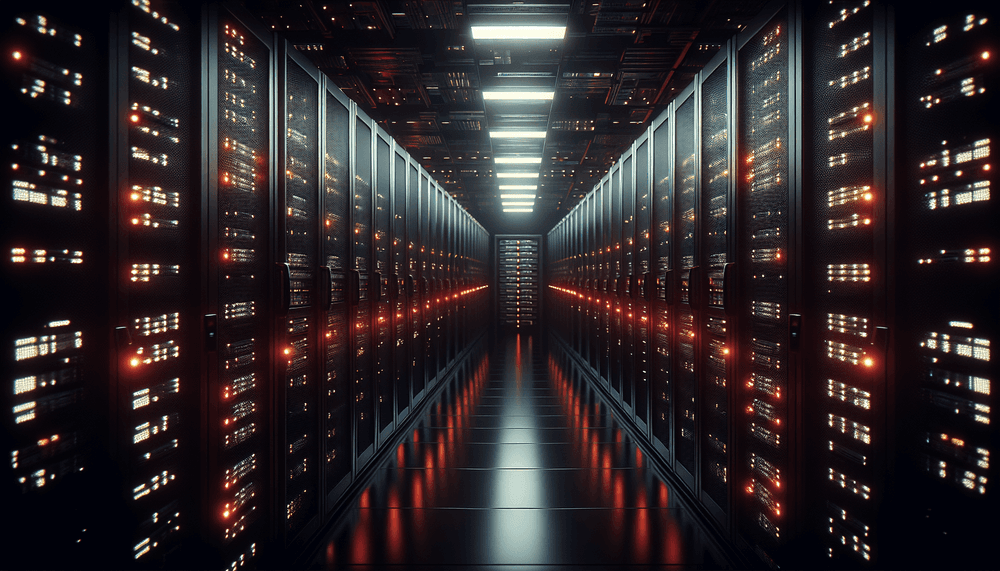 Dark server room with red warning lights illuminating compromised infrastructure equipment